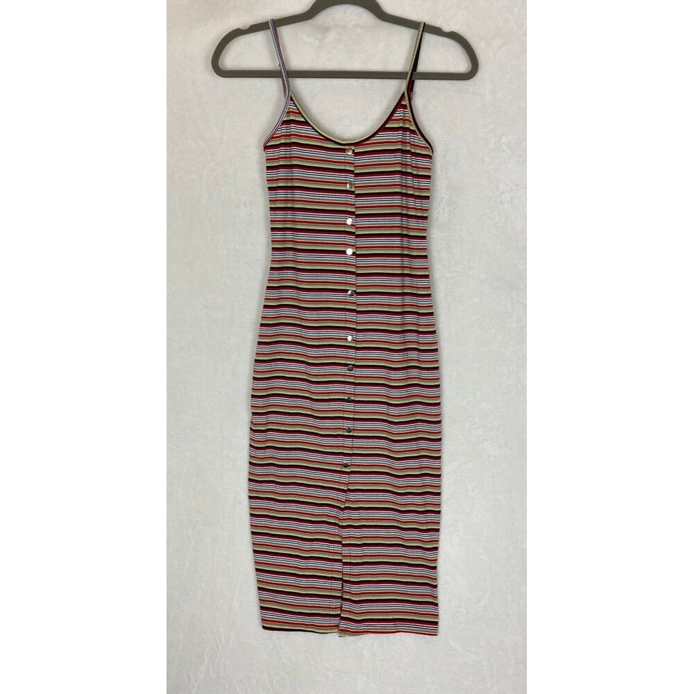 LU NYC Women's Striped Ribbed Button-Front Midi Tank Dress M 90's Grunge BodyCon